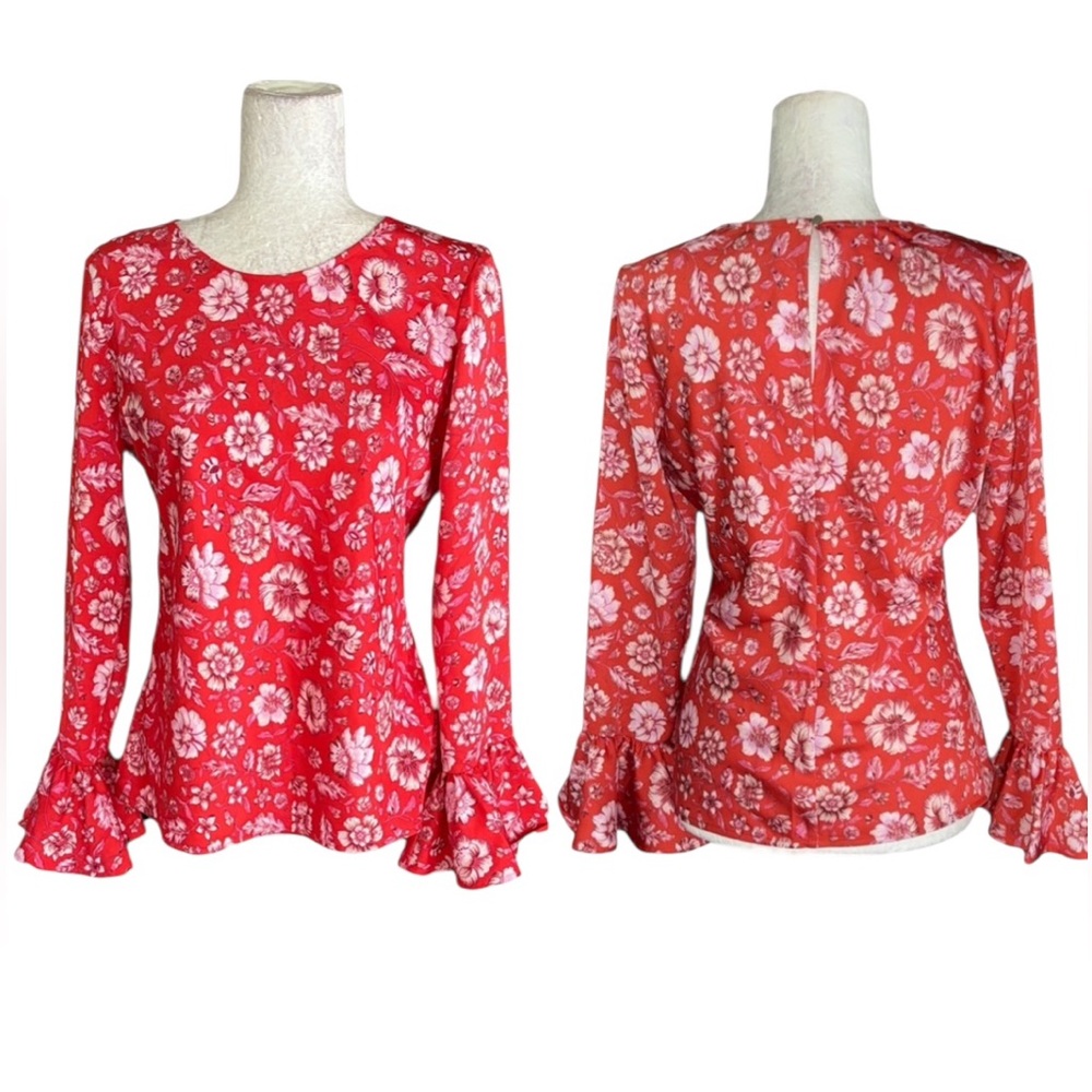 NEW J. Crew Winter Garden Red Floral Ruffle Sleeve Blouse in Poppy Fields - S